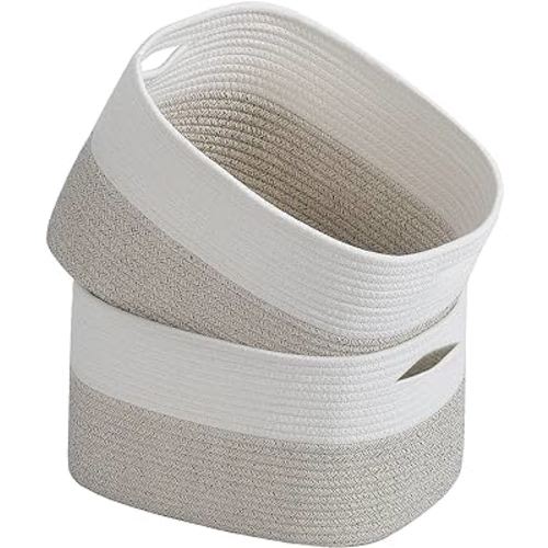 Cotton Rope Storage Baskets 15x10x9 in, Decorative Woven Baskets for Storage, Collapsible Storage Bins Organizer for Nursery, Laundry, Towel, Clothes, Books (2 Pack, White/Beige Stripes)