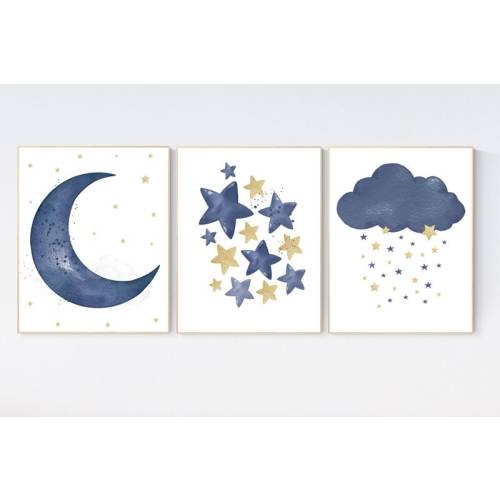 Navy nursery decor, cloud and stars, moon and stars, navy gold nursery art. baby room wall art, boy nursery decor, set of 3, nursery art