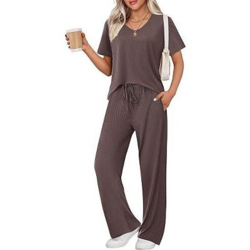 Ekouaer Womens Ribbed Knit Lounge Set Short Sleeve Top and Long Pants Sleepwear Pajama Set Two Piece Matching Outfits Set Brown M