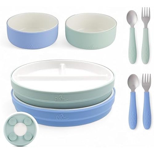 Elk and Friends Kids Porcelain Mealtime Bundle with Suction Sleeves | Plates, Bowls + Toddler Utensils | Silicone Sleeves | For Meals + Snacks | Microwave + Dishwasher Safe