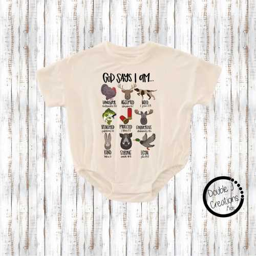 God Says I Am Hunting Bubble Romper Bodysuit, Duck, Deer, Turkey, Hog Hunting Kid's Shirt, Boy Hunting Baggy t-shirt Romper, CPSC Compliant
