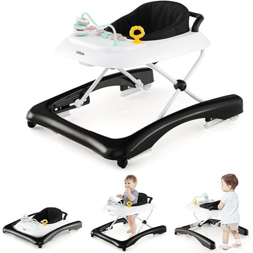 INFANS Foldable Baby Walker, 3 in 1 Toddler Leaning-Seated Walk-Behind with Adjustable Height, Push Handle, Washable Seat Cushion for Boys and Girls (Black)