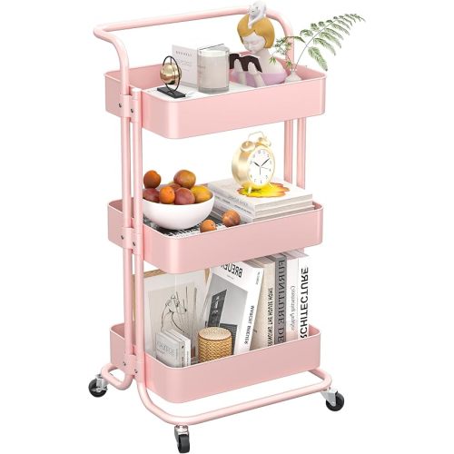 Metal Rolling Storage Cart, 3-Tier Utility Cart with Wheels, Multifunctional Organizer Storage for Kitchen, Bedroom, Office, Laundry Room, Dorm Room Essentials (Purple)