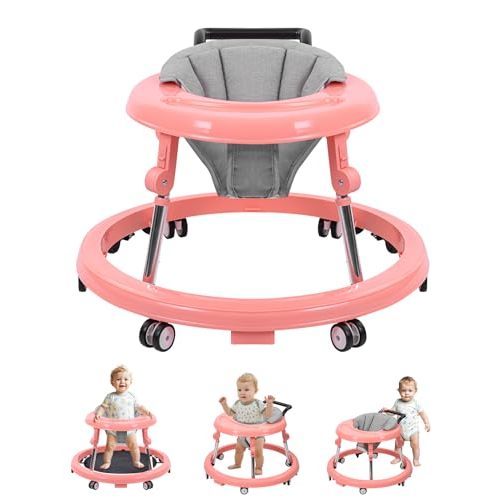 Baby Walker with Wheels, Activity Center with Mute Wheels Anti-Rollover, 5-Position Height Adjustable Foldable Baby Walker for Boys and Girls from 6-18 Months with Footrest