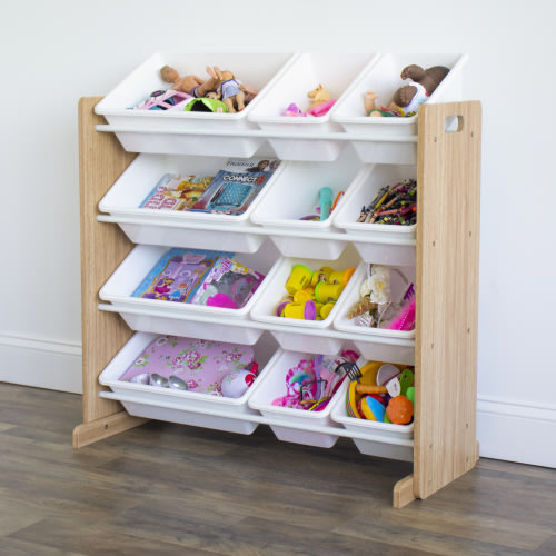 Humble Crew Journey Toy Storage Organizer with 12 Plastic Storage Bins, Natural/White
