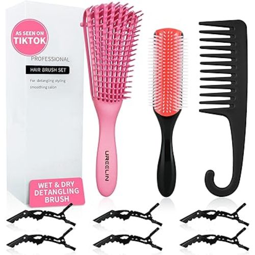 Hair Brush set for Curly, Detangling Hair Brush for Afro America/African Hair Textured 3a to 4c, Detangler Brush for Women Men Kids Styling Defining (Pink)