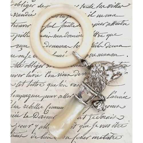 Edwardian Teething Ring With Silver Spaniel Head and MOP Handle
