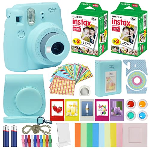 Fujifilm Instax Mini 9 Instant Camera Ice Blue with Carrying Case + Fuji Instax Film Value Pack (40 Sheets) Accessories Bundle, Color Filters, Photo Album, Assorted Frames, Selfie Lens + More