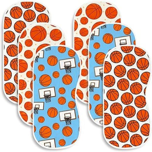 6 Pack Basketball Theme Baby Burp Cloths for Boys Girls, Cotton Contoured Burp Rags with Basketball Sports Theme Pattern,Baby Burping Cloths for Newborns Gifts Extra Soft and Absorbent