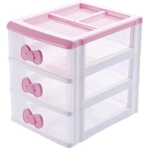 Lovely Girls Receiving Storage Cabinets Box Room Desktop Makeup Organizer With Three-tier Desk Receiving Drawers N Pink Bowknot,Plastic