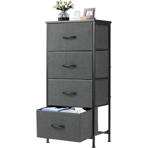 DUMOS Nightstand with 4 Drawers Bedside Table with Removable Fabric Bins Sturdy Steel Frame Wood Top Organizer Furniture for Bedroom Closet Living Room