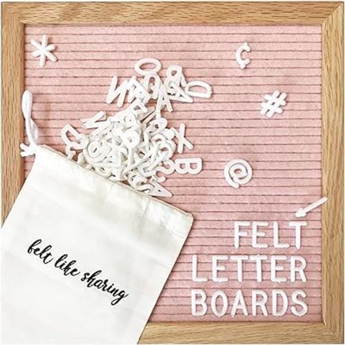 Felt Letter Board, 10x10in Changeable Letter Board with Letters White 300 Piece - Felt Message Board, Oak Frame Wooden Letter Board for Baby Announcements, Milestones, Office Decor & More (Light Pink)