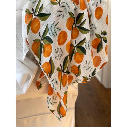 Clementine Muslin blanket, Boho style, Retro Baby Clementine blanket, Orange with leaves Clementine Green leaves Southwest decor
