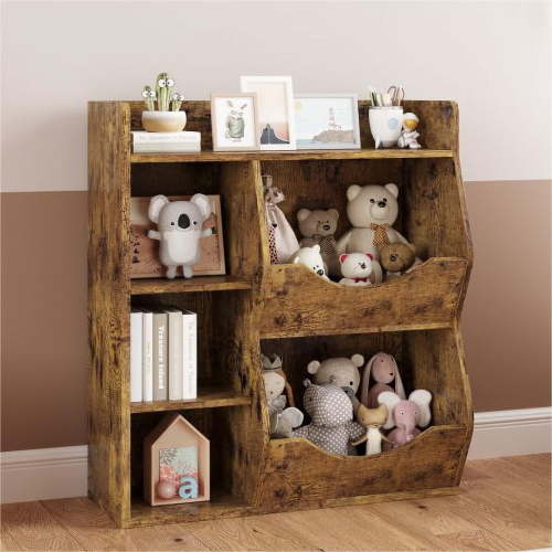 Kids 3-Tier Toy Storage Organizer Kids Bookshelf Double Side Toy Shelf White/Retro/Grey- 5 Compartment Bookshelf & Toy Shelf for Kids' Room, Bedroom, Living Room, and Kindergarten - for Toys and Books