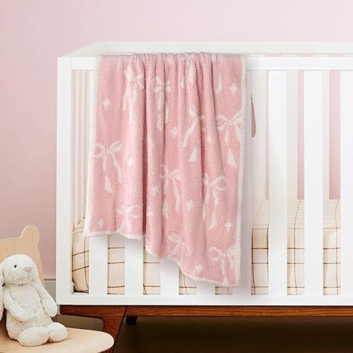 Pink Bow Baby Girl Blanket – Cozy Knitted Bow Baby Blanket for Girls, Nursery Décor, & Newborn Gifts – Ultra-Soft, 30x40 Inch
