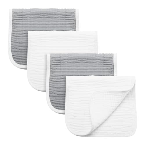 Synrroe Burp Cloths Large, Muslin Burp Cloths for Baby Girls and Boys, Pack of 4 Extra Absorbent and Soft Muslin, 6 Layers 20 by 10 Inches 100% Cotton (Grey-White 4 Pack)