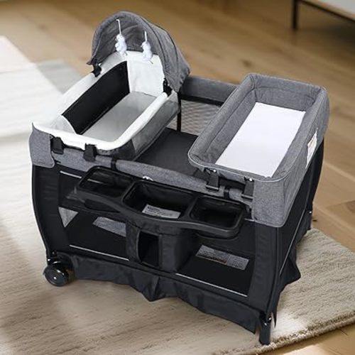 Kinder King 4 in 1 Foldable Pack and Play with Bassinet & Changing Table, Portable Playard for Babies and Toddlers, Adjustable Canopy, Storage Bag, Black