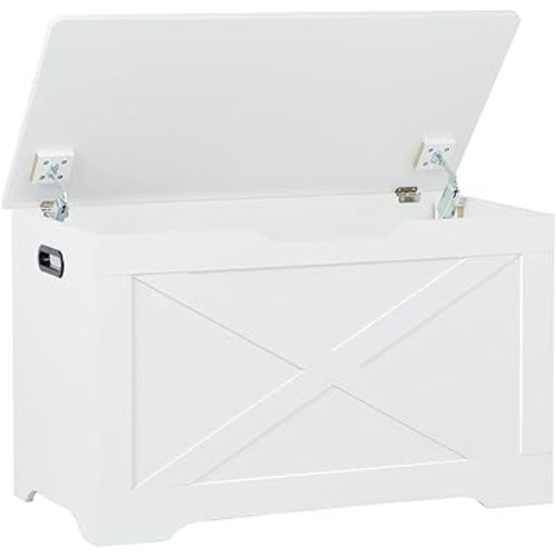 Storage Chest, Wooden Storage Bench, Entryway Shoes Bench with 2 Safety Hinges, for Living Room, Bedroom, 15.7 x 31.5 x 18.9 Inches, White