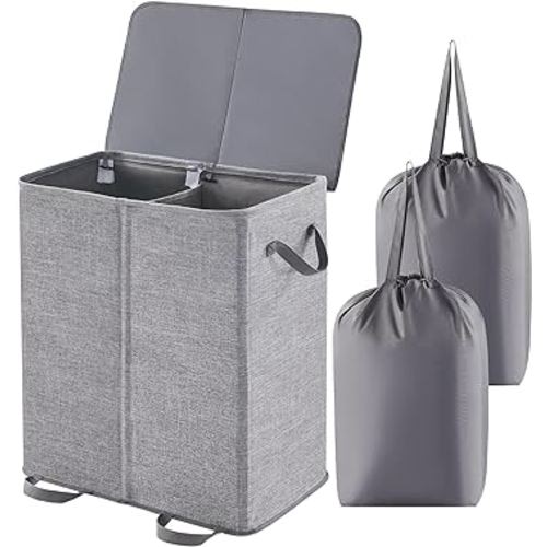 Lifewit Double Laundry Hamper with Lid and Removable Laundry Bags, Large Collapsible 2 Dividers Dirty Clothes Basket with Handles for Bedroom, Laundry Room, Closet, Bathroom, College, Grey