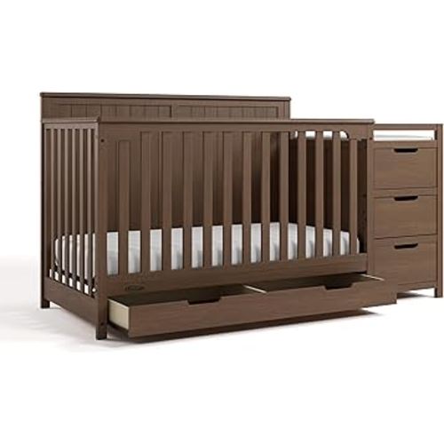 Graco Hadley 5-in-1 Convertible Crib & Changer (Hazelnut) – GREENGUARD Gold Certified, Fits Standard Crib Mattress, Converts to Toddler Bed and Full Bed, 4 Adjustable Mattress Heights