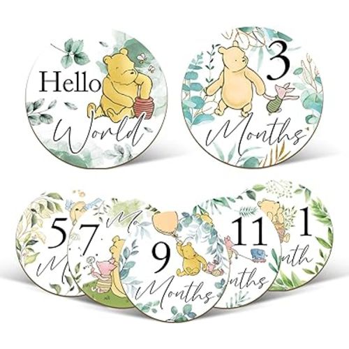 7 Pcs Winnie Baby Monthly Milestone Markers, Winnie Double Sided Baby Months Wooden Signs with Storage Bags, Baby Monthly Announcement Wooden Discs, Milestone Pictures of Your Newborn Boy & Girl