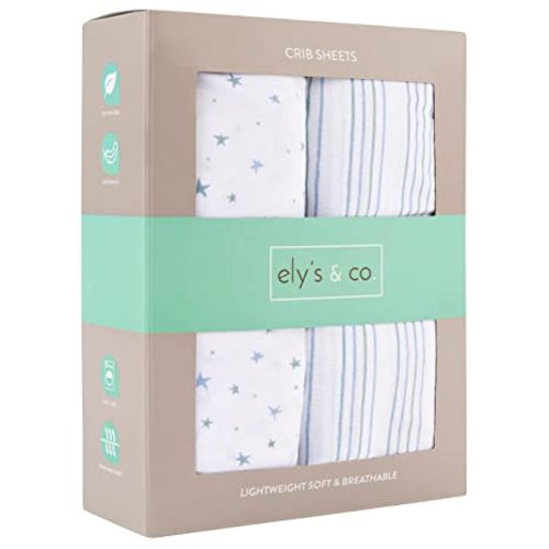 Crib Sheets Set 2 Pack - Baby Crib Sheets with 100% Jersey Cotton - Crib Sheets for Boys and Girls, Newborn Essentials (Blue Stars & Stripes)
