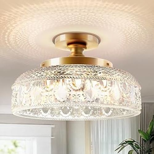 Lamomo Semi Flush Mount Ceiling Light, Upgraded Larger Golden Hallway Light Fixture, 3-Bulb Globe Glass Close to Ceiling Scone,Indoor Hanging Light for Bedroom Kitchen Porch Hallway,Bulbs Not Included