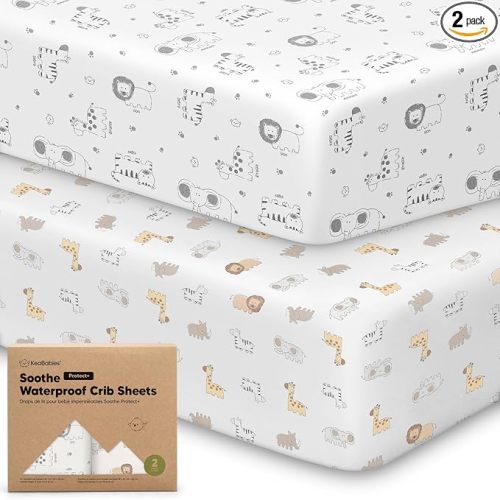 2-Pack Waterproof Crib Sheets for Boys, Girls - 52x28 Fitted Organic Cotton Baby Crib Sheets, Toddler Mattress Protector Cover, Washable, Soft & Durable Baby Bedding Essentials (KeaSafari)