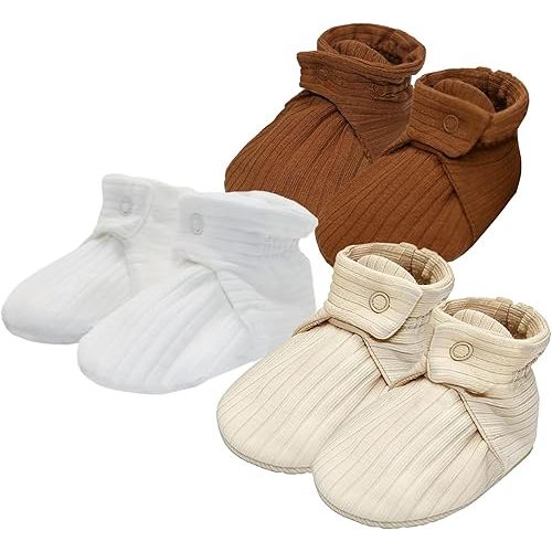 3 Pairs Baby Booties Newborn Walking Shoes Organic Cotton Infant Bootie First Walkers Warm Soft Sock Shoes Adjustable Boots for Newborn Boys Girls