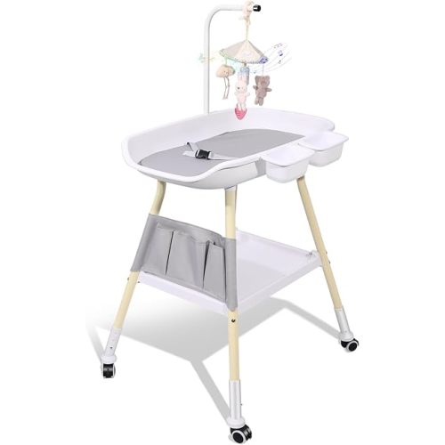 Baby Changing Table, Adjustable Height Diaper Changing Station, Baby Changing Station with Baby Crib Mobile, Changing Pad, Nursery Organizer and Large Storage Rack for Infant and Newborn