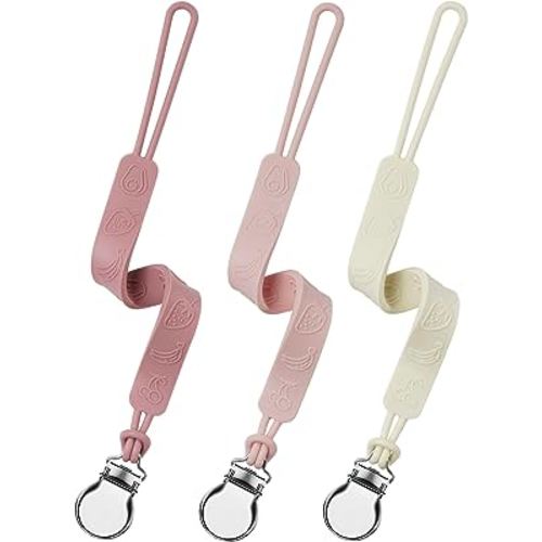 Silicone Pacifier Clip, Seposeve Pack of 3 Baby Pacifier Teether Clip with 4 Texture, Soft Flexible Silicone Pacifier Leashes & Cases for Boy and Girl, Keeps Pacifier Clean, Purple Pink White