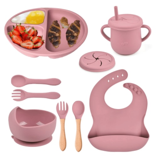 Silicone Baby Feeding Set, PandaTop Baby Weaning Supplies, Eating Essentials Utensils with Suction Plate and Bowl, Bib, Sippy Cup with Lid, Forks Spoons,Baby Feeding Eating Supplies Set BPA Free,Pink