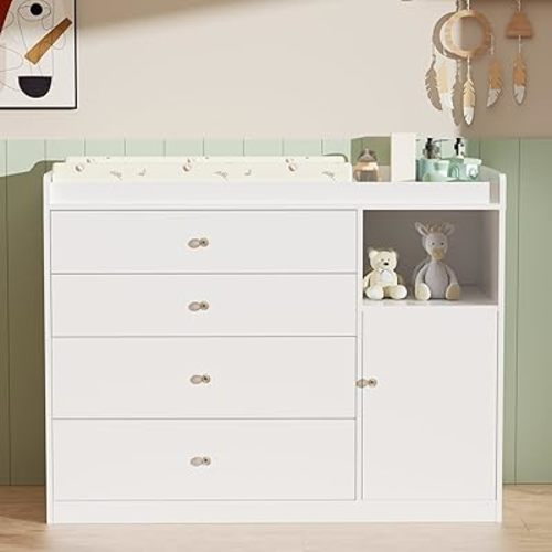 Baby Changing Table with 5 Drawers for Infants Nursery Dresser Chest with Changing Table Top Storage Changing Station Dresser Diaper Changing Station Nursery Organizer,White