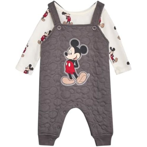Disney Baby Boys' Mickey Mouse Overall Set - 2 Piece Romper with Long Sleeve Shirt for Newborn (0-9M)