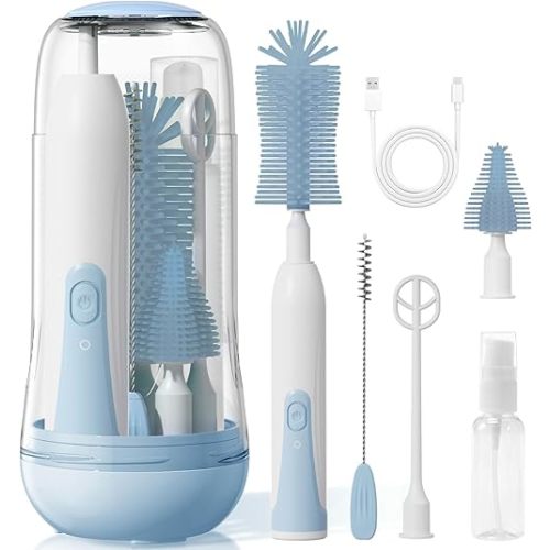 Electric Bottle Brush Cleaner, Baby Bottle Cleaning Kit with Nipple Straw Brushes Drying Rack Soap Dispenser Rechargable Waterproof Multi-Purpose E-Brush Set for Travel & Home, Blue