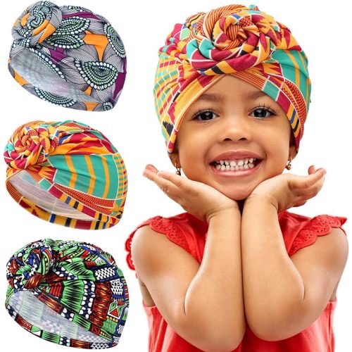 Geyoga 3 Pieces African Turban for Newborn Baby Kids Toddler Knot Pre Tied Bonnet Beanie Cap Headwrap