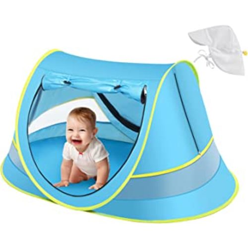 Baby Beach Tent with Baby Hat, Pop Up Toddler Travel Tent with Sun Hat for Boys or Girls, Sun Shade for Toddler Camping, Infant Portable Sun Shade, Summer Beach Baby (Blue Baby Tent with Hat)