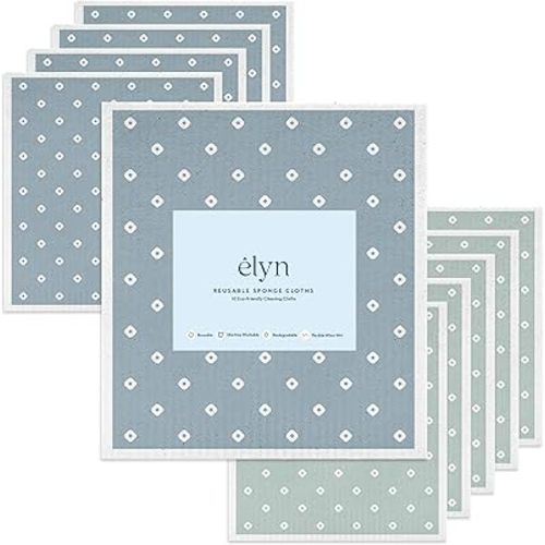 ELYN Swedish Dishcloths, Reusable & Washable Sponge Cloths, Absorbent Cleaning Paper Towels for Kitchen, Dishes, Counters and More, 10 Pack, Blue & Green Diamond Dot Pattern