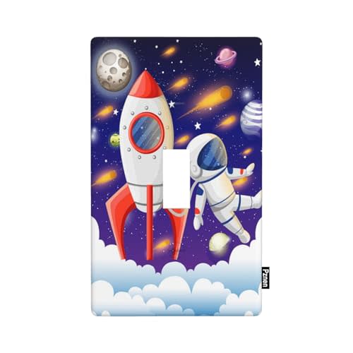 Pznen Outer Space Cartoon Light Switch Cover Plates Astronaut Rocket Solar System Universe Planets Single Toggle Wall Plate 1 Gang Switchplate 4.5"x 2.76" for Teen Boys Bedroom Bathroom