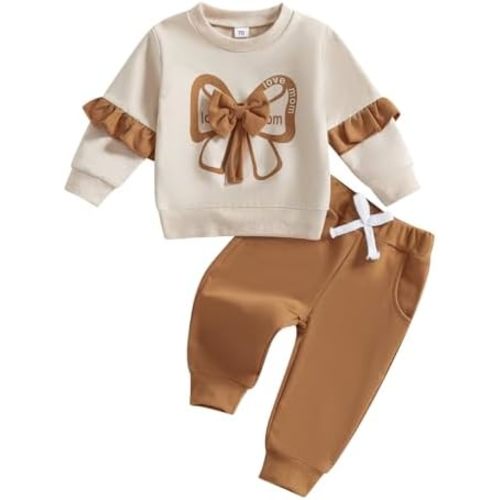 Kupretty Baby Girl Clothes Toddler Fall Winter Outfit Ruffles Crewneck Bow Pullover Sweatshirt + Joggers Pants Set