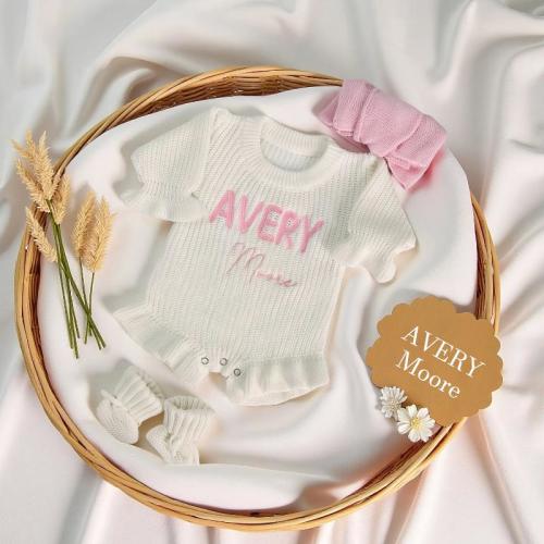 Personalized Embroidered Baby Romper, Baby Name Ruffle Romper, Baby Shower Gift, Knitted Newborn Romper, Infant Romper, First Birthday Gift