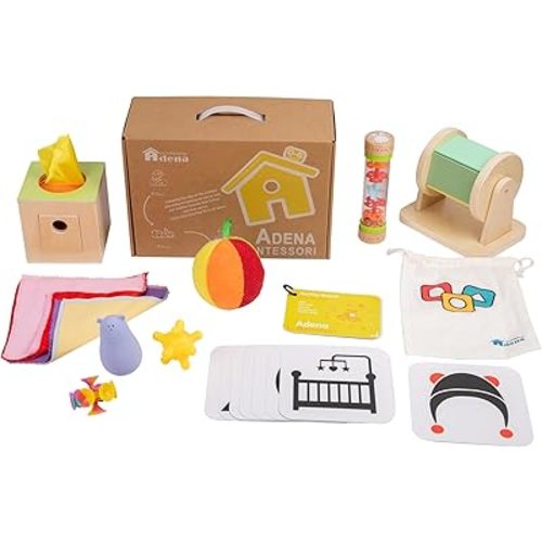 Adena Montessori Play Kit for 7-12 Month Baby,6 in 1 Learning Educational Brain Development Toys for Toddler Includ First Puzzle,Ball Drop Box,Stacking Pegs,First Blocks,Wooden Moving Car,Hand Puppet