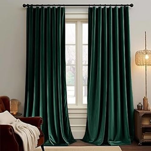 jinchan Velvet Blackout Curtain for Living Room, Thermal Insulated Luxury Drape for Bedroom 108 Inch Long, Stylish Privacy Room Darkening Extra Long Window treatment Rod Pocket 1 Panel, Emerald Green