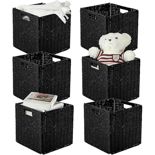 Bucherry 6 Pcs 11 x 11 x 11 Inch Wicker Storage Basket Cubes Large Handwoven Foldable Storage Bins for Shelves Woven Storage Baskets for Pantry Laundry Bedroom Living Room (Black)