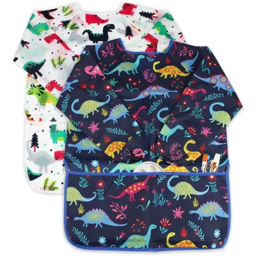 Kids Art Smocks 2 Pack Dinosaur Painting Apron for Children Waterproof Artist Smock with Long Sleeve and 3 Pockets for Age 3-8 Years