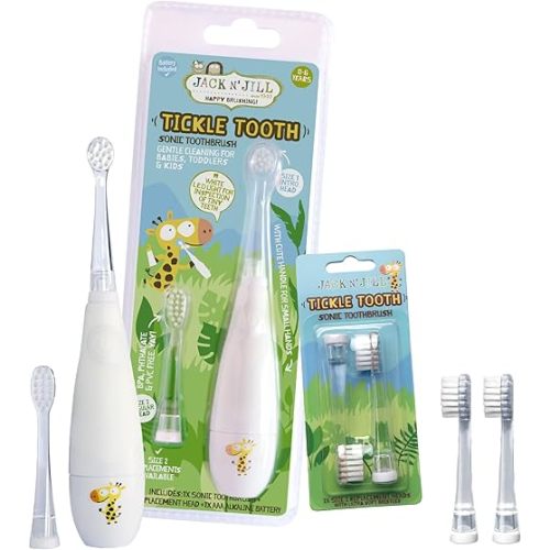 Jack N' Jill Tickle Tooth Toddler Electric Toothbrush with Replacement Head - Gentle Cleaning, Made for Tiny Teeth, LED Inspection Light, for Babies & Kids, Extra Soft Bristles - (1 Pack)