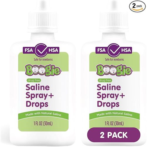 Boogie Baby Saline Nasal Spray and Drops, Allergy Relief, Nasal Spray Decongestant, FSA/HSA Eligible, Made with Natural Saline, 1 Ounce (Pack of 2)