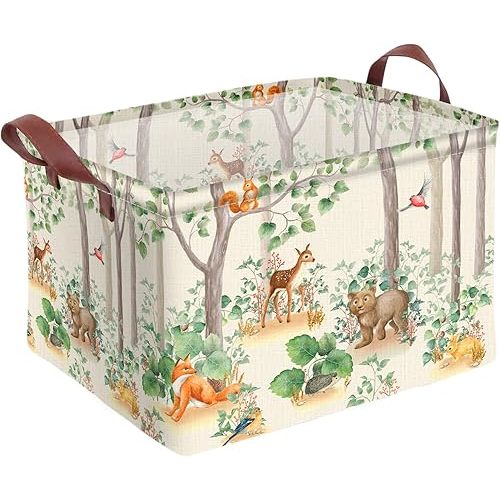 Woodland Animal Storage Basket Waterproof Canvas Toy Storage Bin Home Forest Decor Collapsible Outdoor Basket with Leather Handles Woodland Decor Blanket Baskets For Closets,Bedrooms,Gifts Baskets