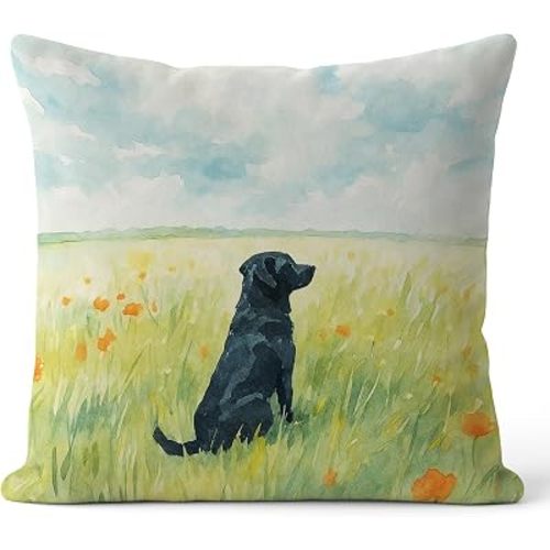 Floral Black Labrador Retriever Pillow Covers 18x18, Black Lab Gifts, Gifts for Labrador Dog Lovers, Watercolor Wildflower Field Lab Dog Decorative Throw Pillow Covers for Home Room Bedroom