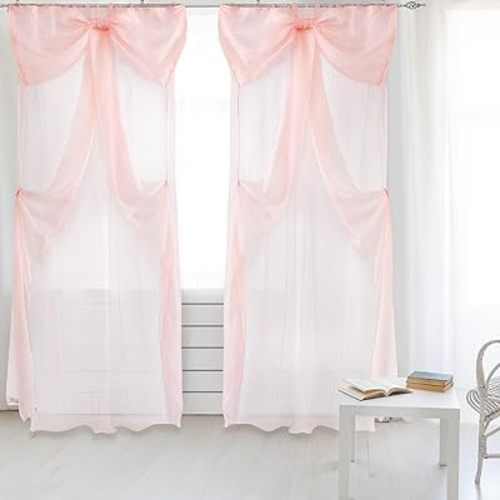 Pink Bow Curtains for Coquette Girls Bedroom 52" W x 96" l Light Filtering Sheer Curtains with Oversized Bow Top 2 Panels Princess Nursery Decor Ruffled Window Treatments for Living Room